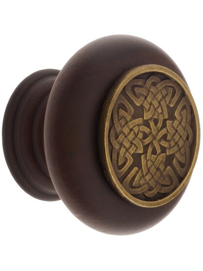 1 1/2 inch Diameter Celtic Isles Knob in Dark Walnut/Antique Brass.